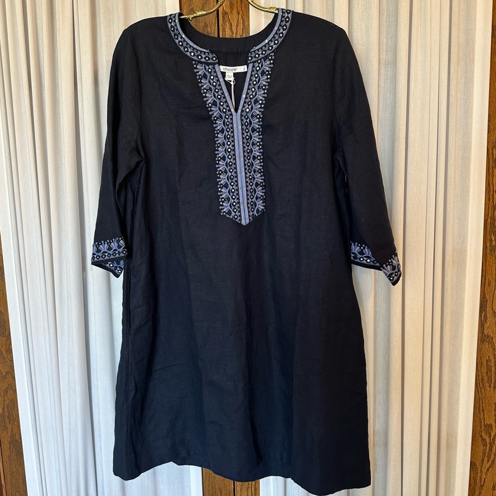 Chico’s Navy Blue Embellished Beaded Linen Dress - Picture 3 of 16
